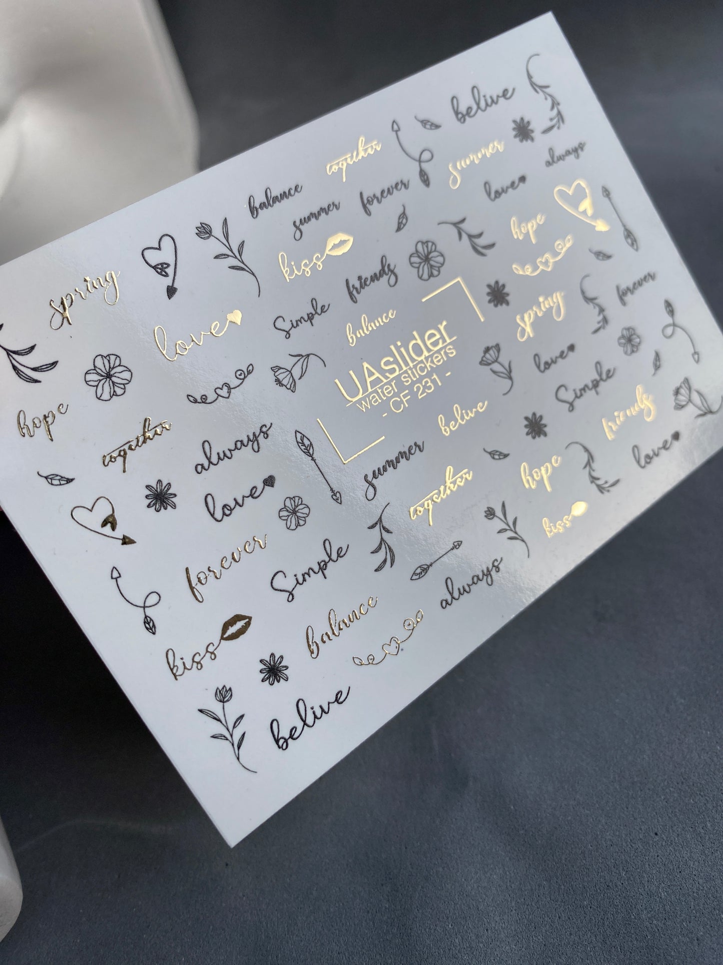 Nail Water Decal CF-231 | Minimalist Water Slide Nail Decals | Lettering, Flowers & Gold Accents