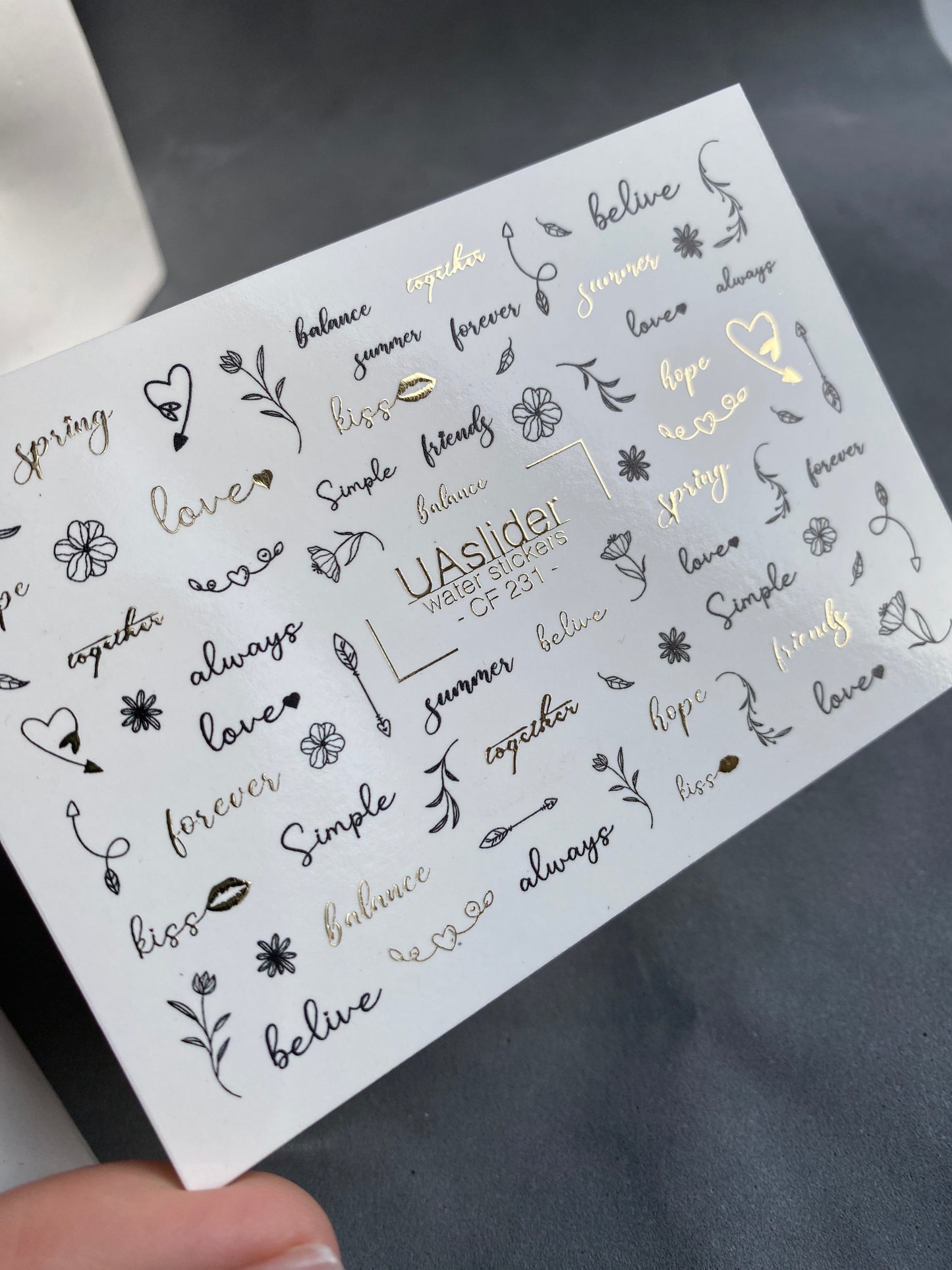 Nail Water Decal CF-231 | Minimalist Water Slide Nail Decals | Lettering, Flowers & Gold Accents