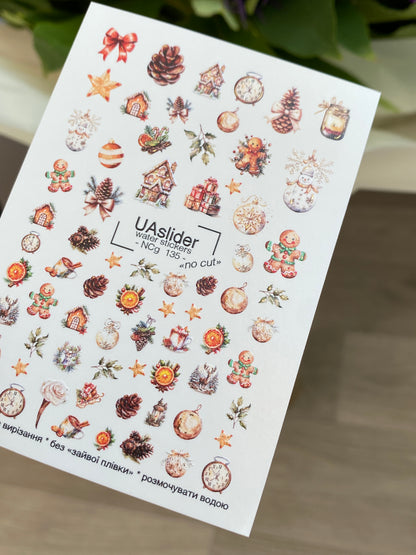 Nail Water Decal NCg-135 | Water Slide Nail Decals with Gingerbread and Christmas Ornaments | Cozy Holiday Nail Art