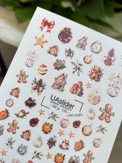 Nail Water Decal NCg-135 | Water Slide Nail Decals with Gingerbread and Christmas Ornaments | Cozy Holiday Nail Art