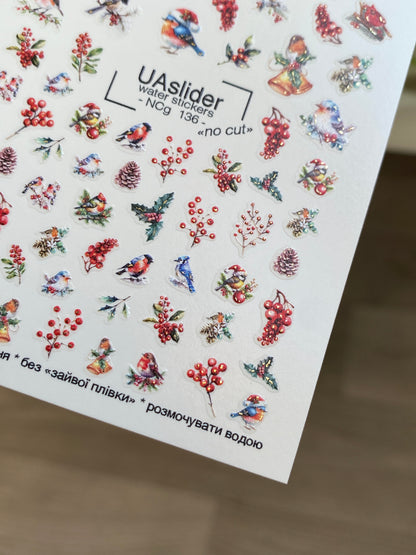 Nagų vandens lipdukas NCg-136 | Vandens slydimo nagų lipdukai su žiemos paukščiais ir uogomis | Šventinė nagų dailė