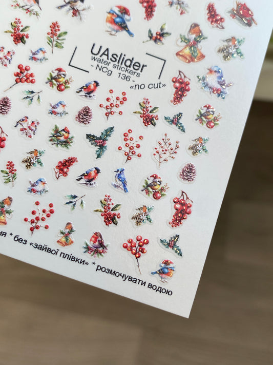 Nail Water Decal NCg-136 | Water Slide Nail Decals with Winter Birds and Berries | Holiday Nail Art