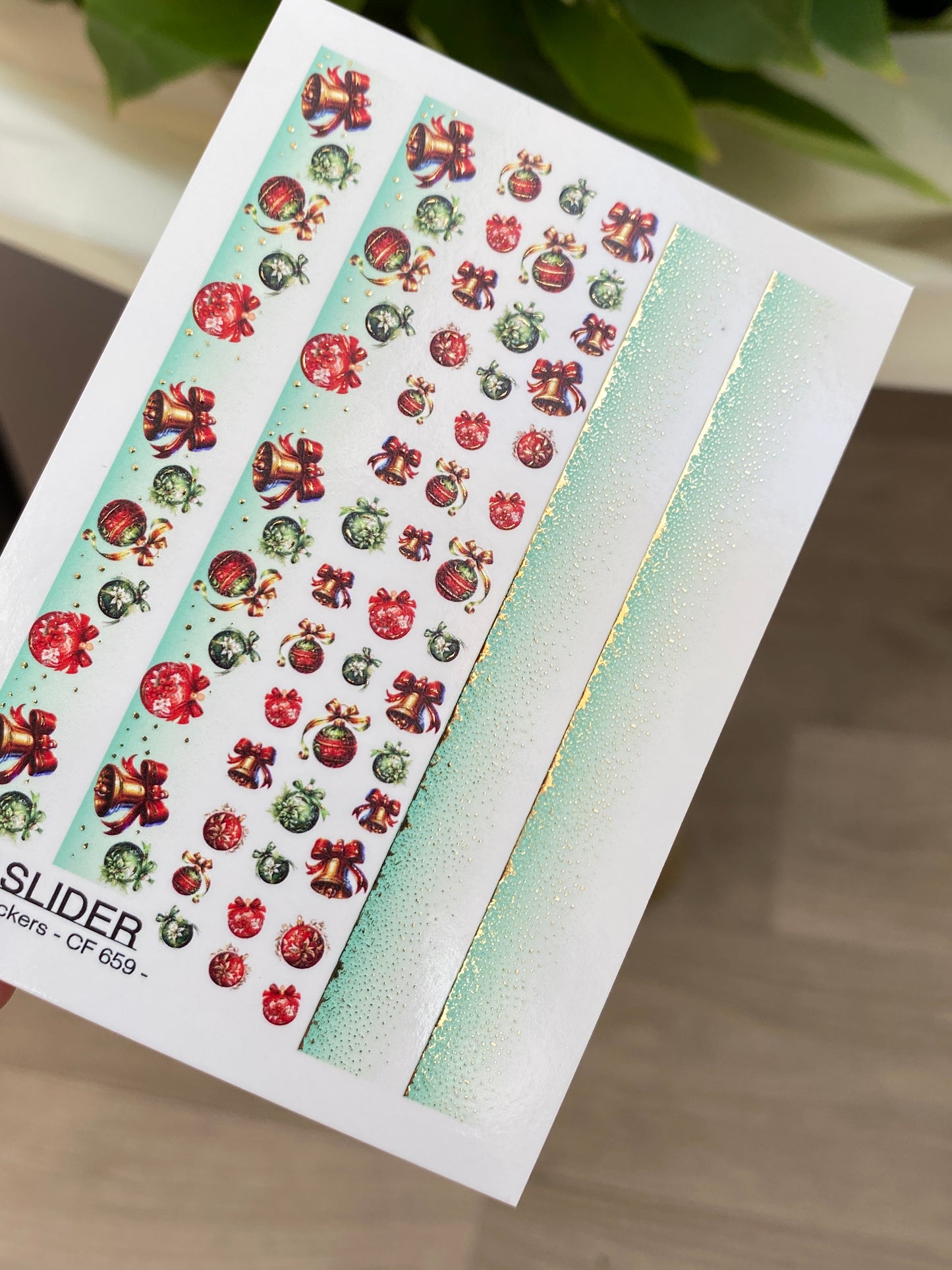 Nail Water Decal CF-659 | Water Slide Nail Decals with Christmas Bells & Ornaments | Festive Gradient Strips