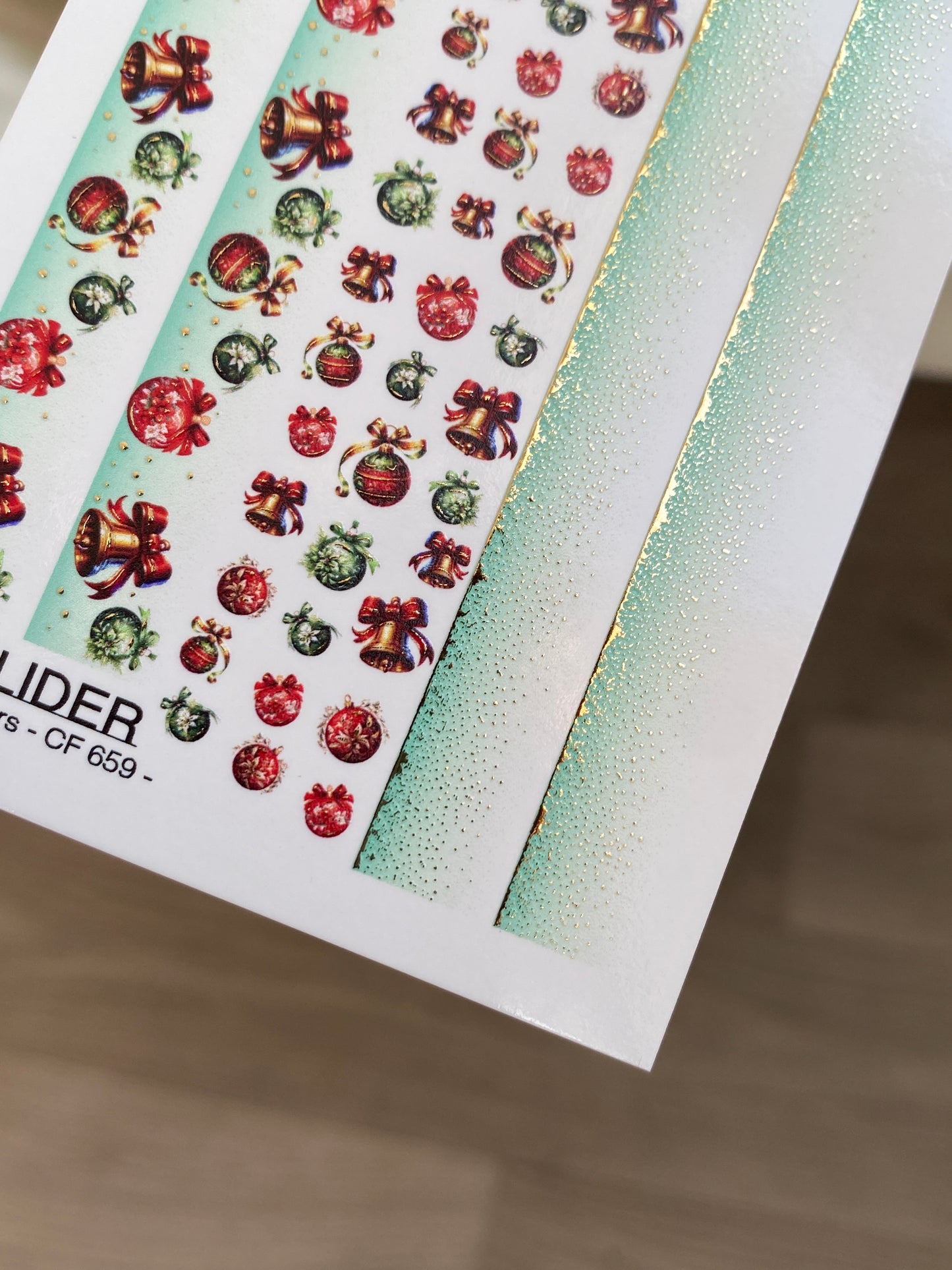 Nail Water Decal CF-659 | Water Slide Nail Decals with Christmas Bells & Ornaments | Festive Gradient Strips