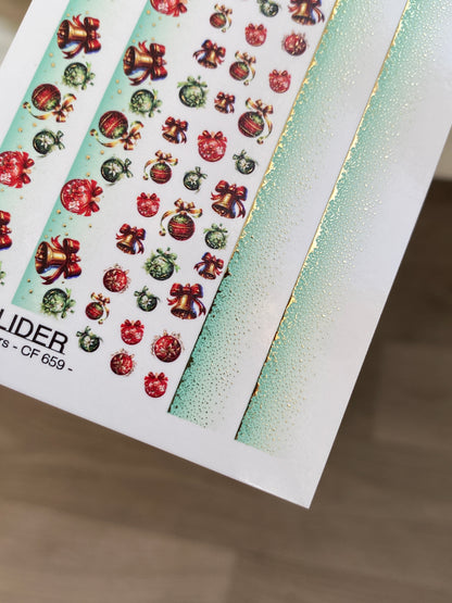 Nail Water Decal CF-659 | Water Slide Nail Decals with Christmas Bells & Ornaments | Festive Gradient Strips