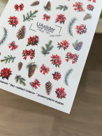 Nail Water Decal NCg-131 | Water Slide Nail Decals with Poinsettias and Pine Cones | Christmas Nail Art