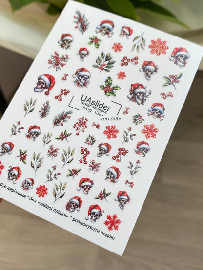 ملصق أظافر مائي NCg-132 | ملصقات أظافر منزلقة مائية مع جماجم بقبعات سانتا | أظافر عيد الميلاد القوطي