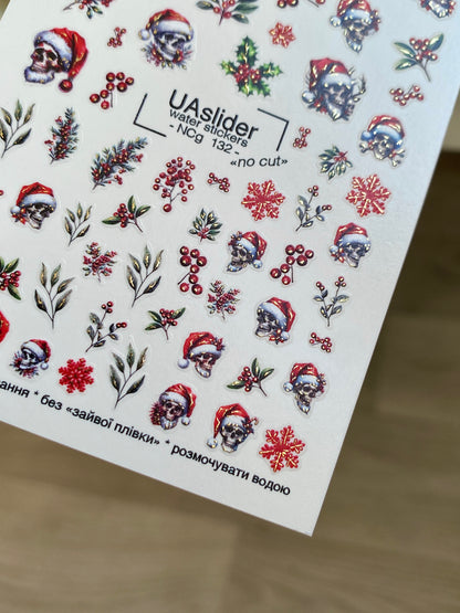ملصق أظافر مائي NCg-132 | ملصقات أظافر منزلقة مائية مع جماجم بقبعات سانتا | أظافر عيد الميلاد القوطي