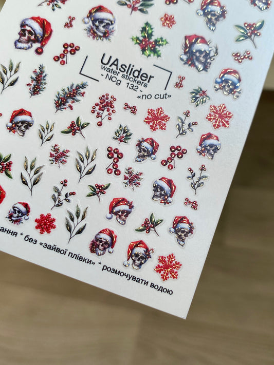Nail Water Decal NCg-132 | Water Slide Nail Decals with Skulls in Santa Hats | Gothic Christmas Nail Ar