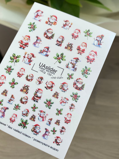 Nail Water Decal NCg-133 | Water Slide Nail Decals with Santa Claus and Snowmen | Christmas Nail Art