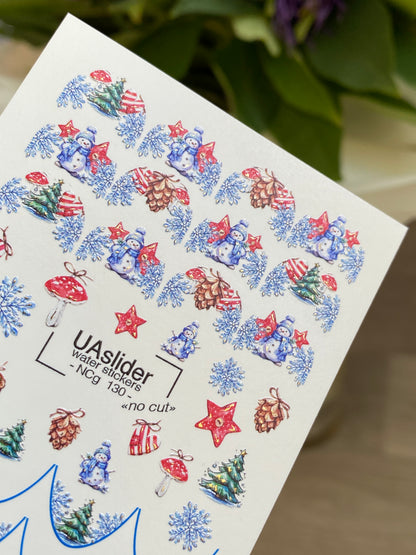 Nail Water Decal NCg-130 | Water Slide Nail Decals with Snowmen and Christmas Trees | Festive Winter Nail Art