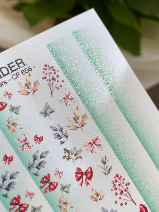 Nail Water Decal CF-656 | Water Slide Nail Decals with Christmas Bows & Winter Leaves | Festive Holiday Strips