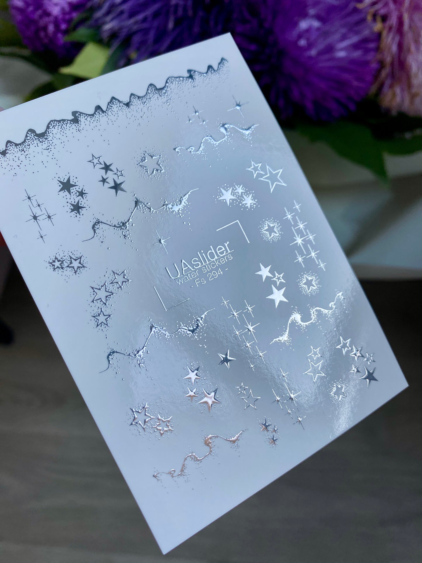 Nail Water Decal Fs-294 | Water Slide Nail Decals with Silver Stars | Elegant Starry Design