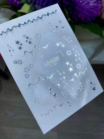 Nail Water Decal Fs-294 | Water Slide Nail Decals with Silver Stars | Elegant Starry Design