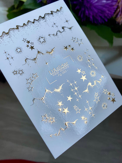 Nail Water Decal Fg-293 | Water Slide Nail Decals with Gold Stars | Elegant Starry Design