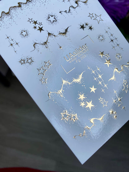 Nail Water Decal Fg-293 | Water Slide Nail Decals with Gold Stars | Elegant Starry Design