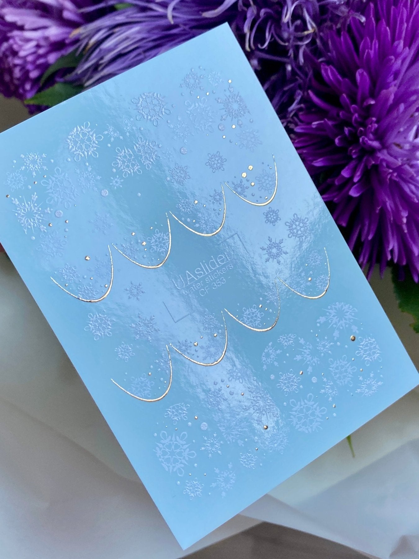 Nail Water Decal CF-353 | Water Slide Nail Decals | Snowflakes French Tips with Gold Accents - UASLIDER