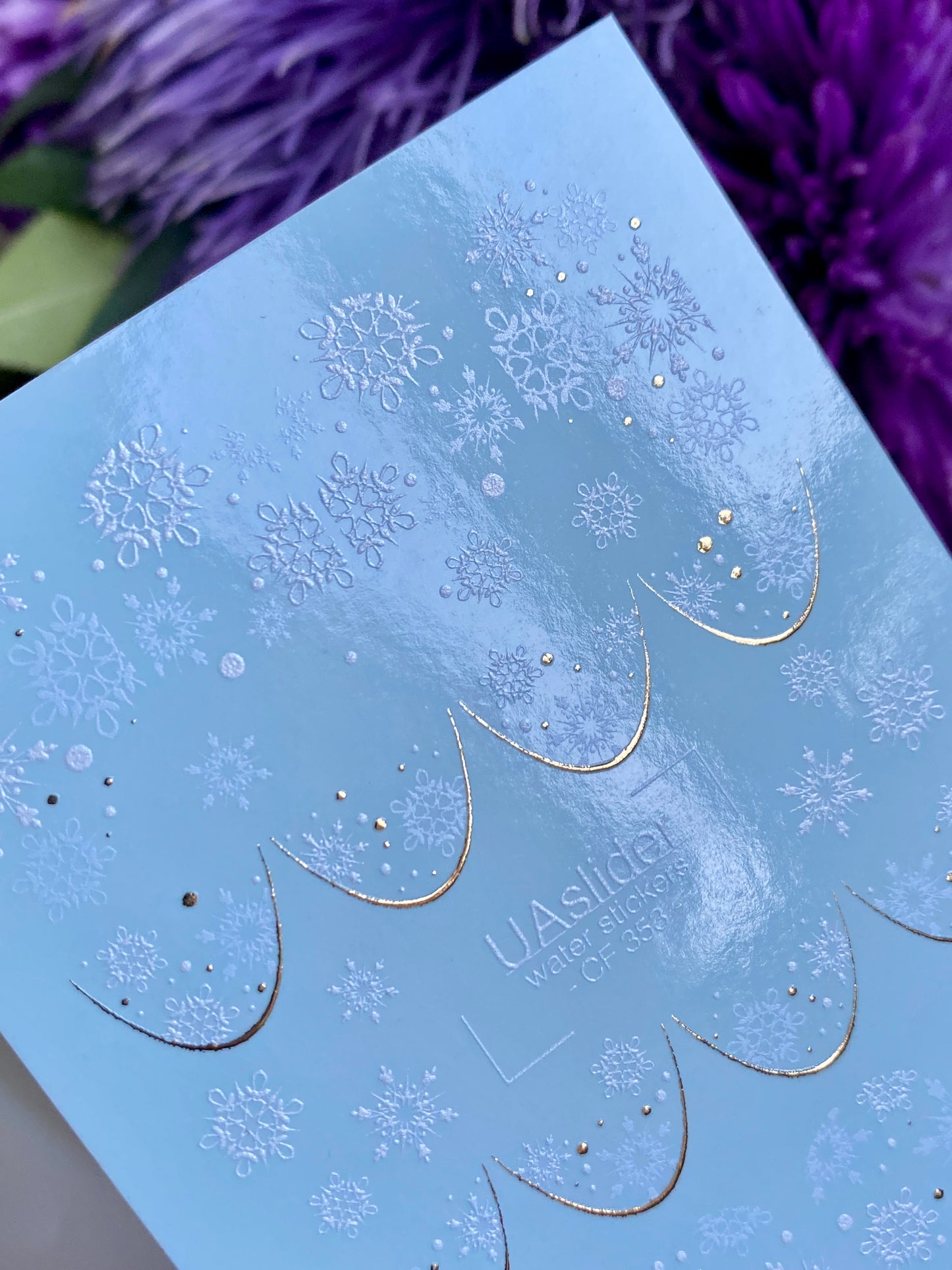 Nail Water Decal CF-353 | Water Slide Nail Decals | Snowflakes French Tips with Gold Accents