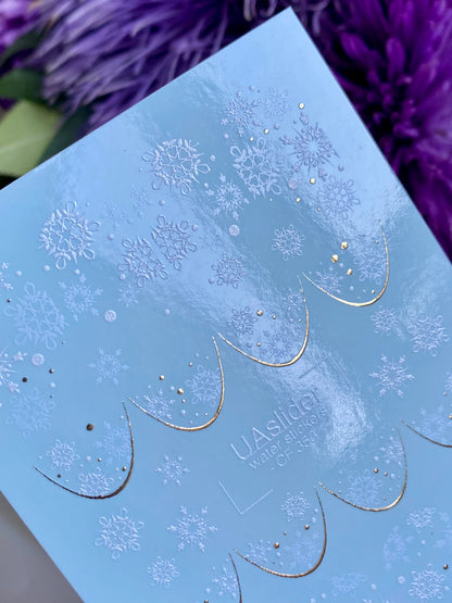 Nail Water Decal CF-353 | Water Slide Nail Decals | Snowflakes French Tips with Gold Accents