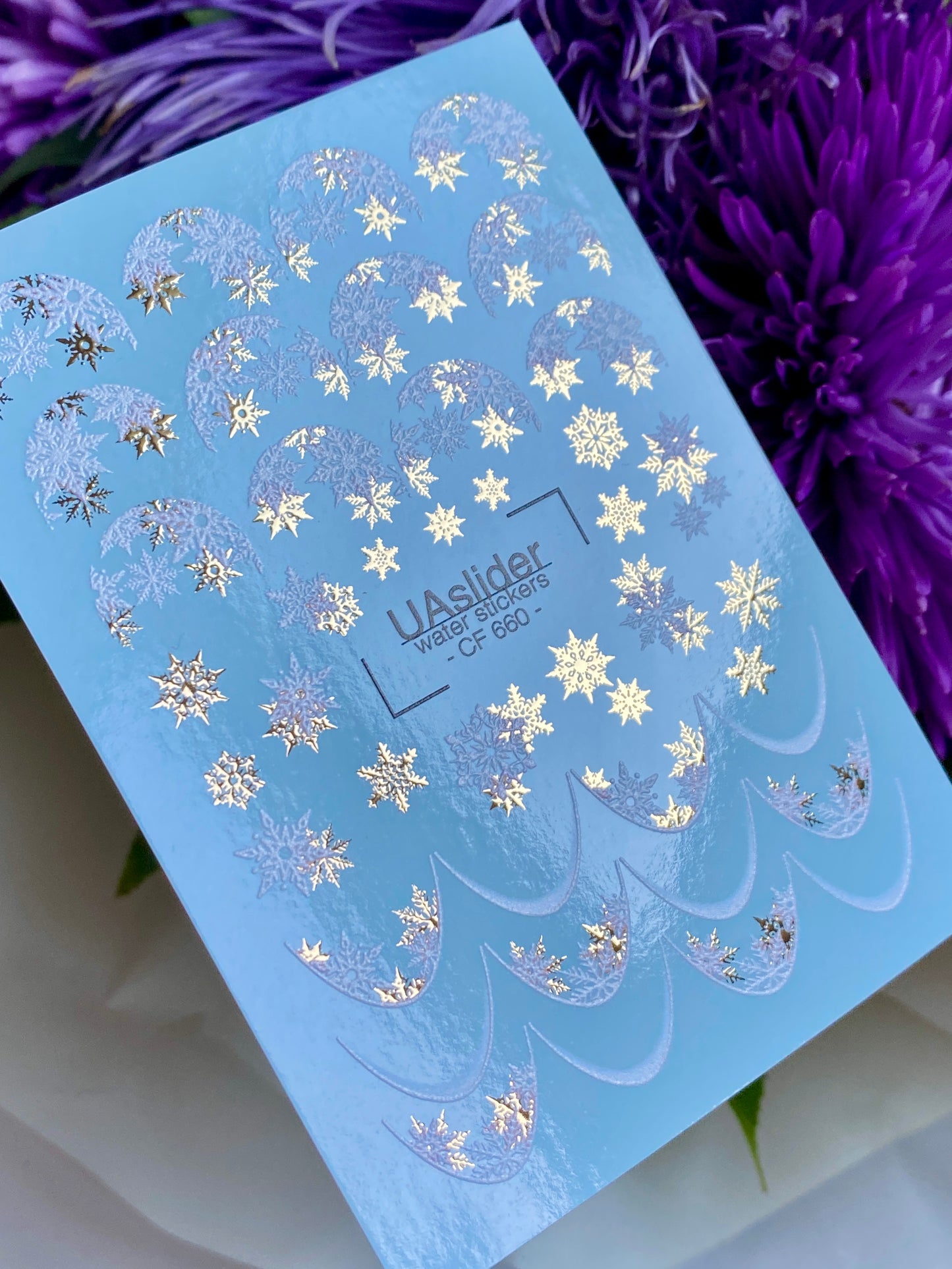 Nail Water Decal CF-660 | Water Slide Nail Decals with Silver & Gold Snowflakes | Festive French Tips