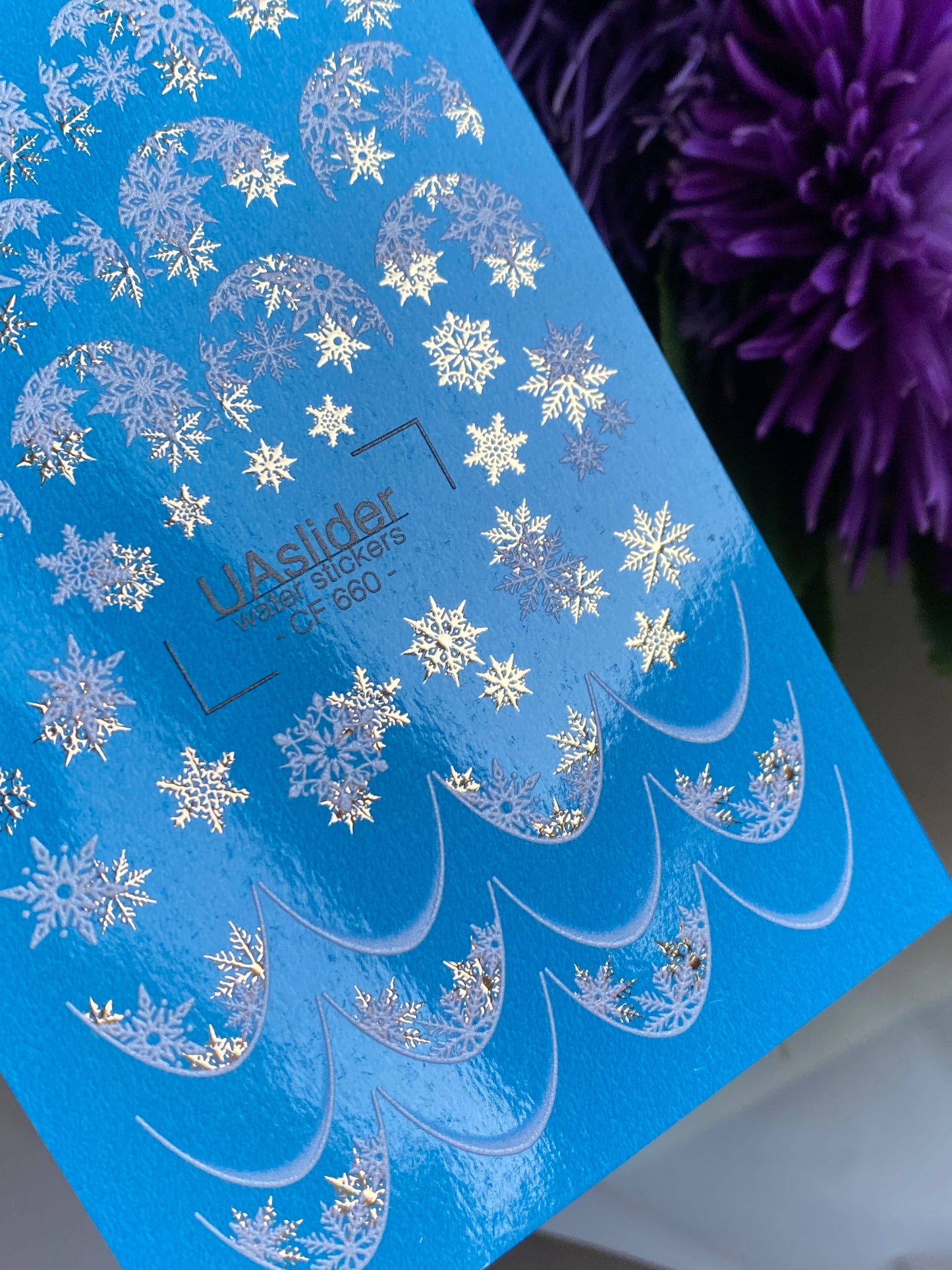 Nail Water Decal CF-660 | Water Slide Nail Decals with Silver & Gold Snowflakes | Festive French Tips