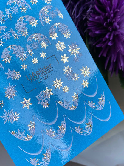 Nail Water Decal CF-660 | Water Slide Nail Decals with Silver & Gold Snowflakes | Festive French Tips