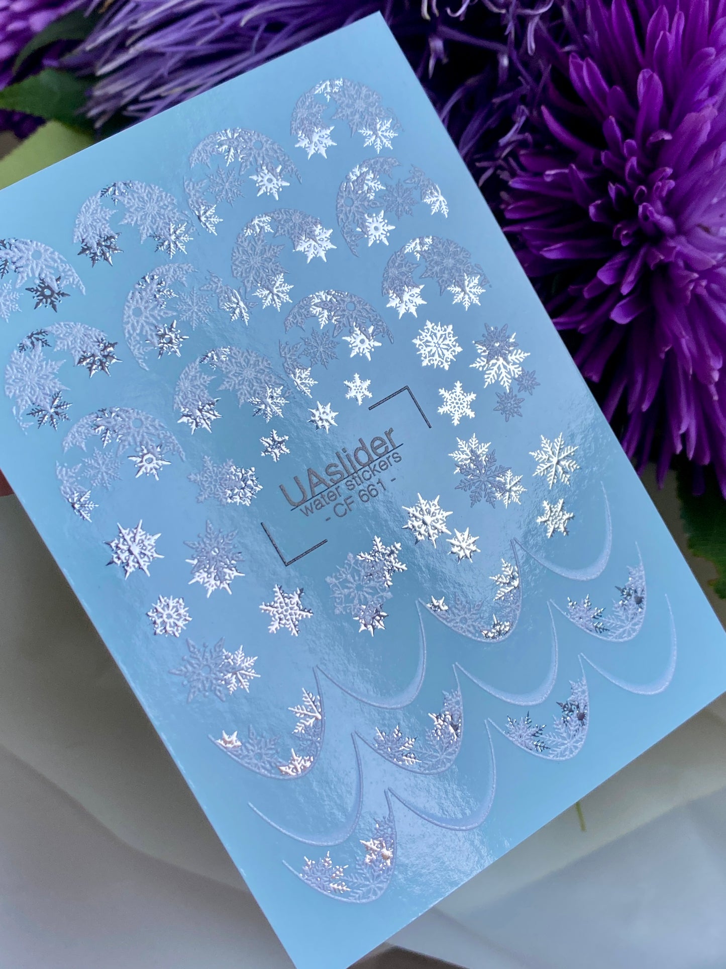 Nail Water Decal CF-661 | Water Slide Nail Decals with Silver Snowflakes | Winter French Tips