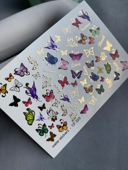 Adesivo per Unghie CF-223 | Adesivi per Unghie a Trasferimento d'Acqua Farfalla | Ali Colorate e Foglia d'Oro