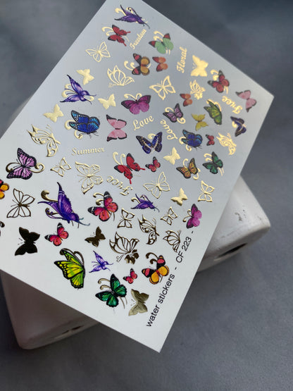Adesivo per Unghie CF-223 | Adesivi per Unghie a Trasferimento d'Acqua Farfalla | Ali Colorate e Foglia d'Oro