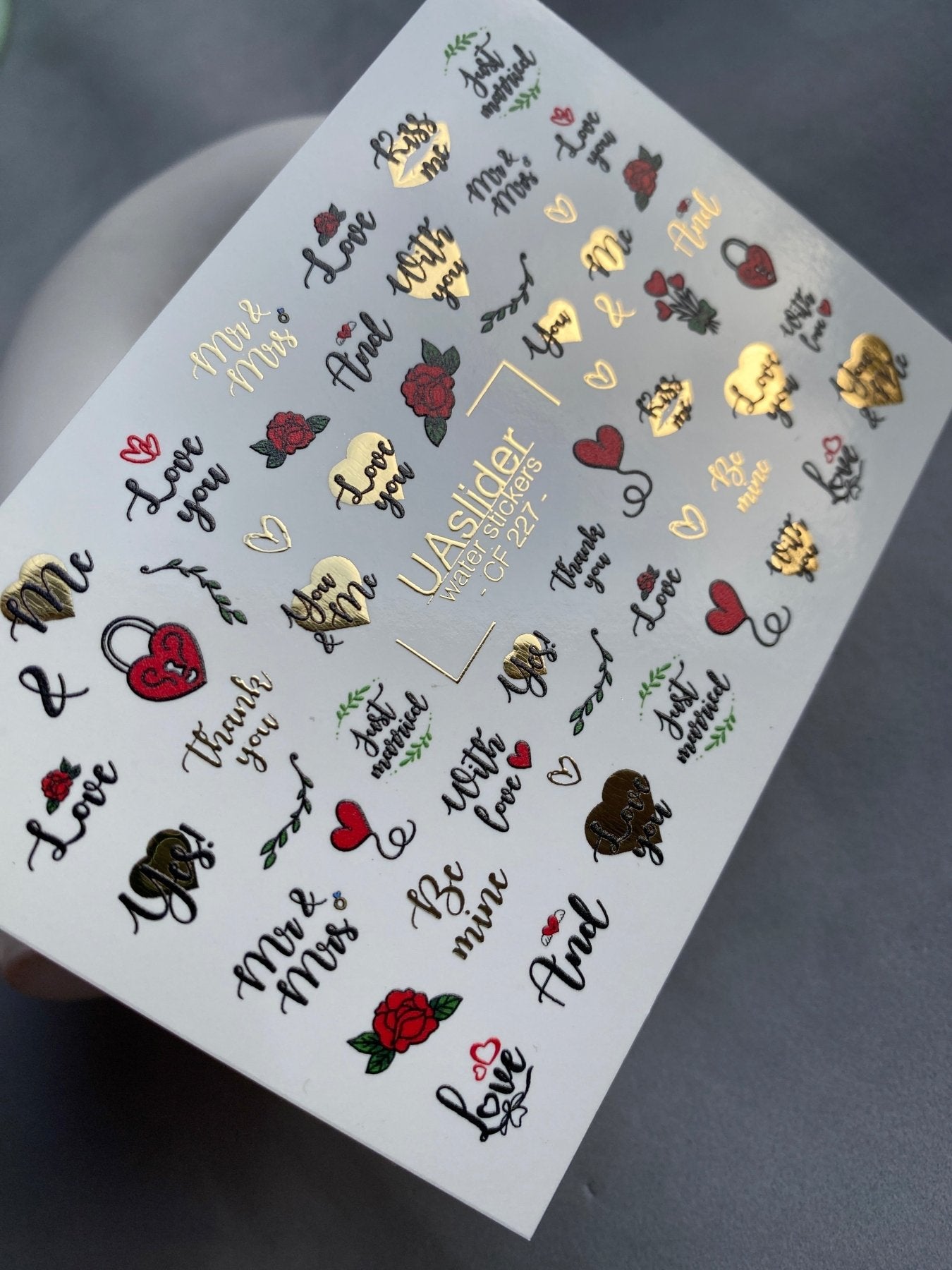 Nail Water Decal CF-227 | Romantic Water Slide Nail Decals | Love Quotes, Roses & Gold Hearts - UASLIDER