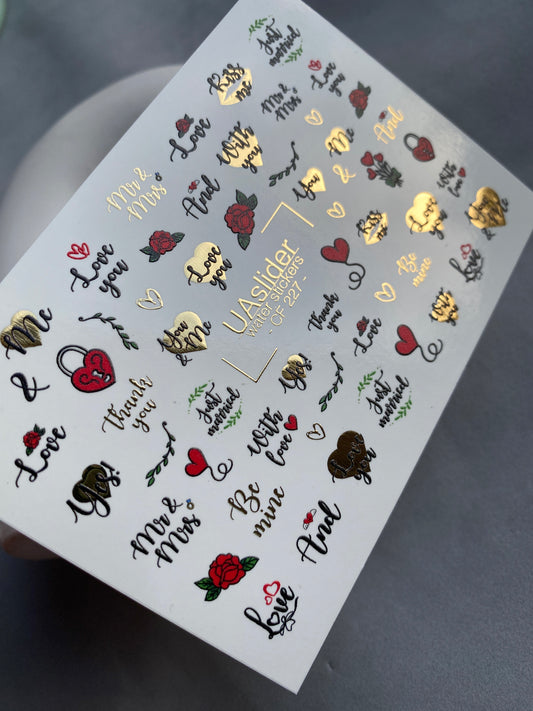 Nail Water Decal CF-227 | Romantic Water Slide Nail Decals | Love Quotes, Roses & Gold Hearts