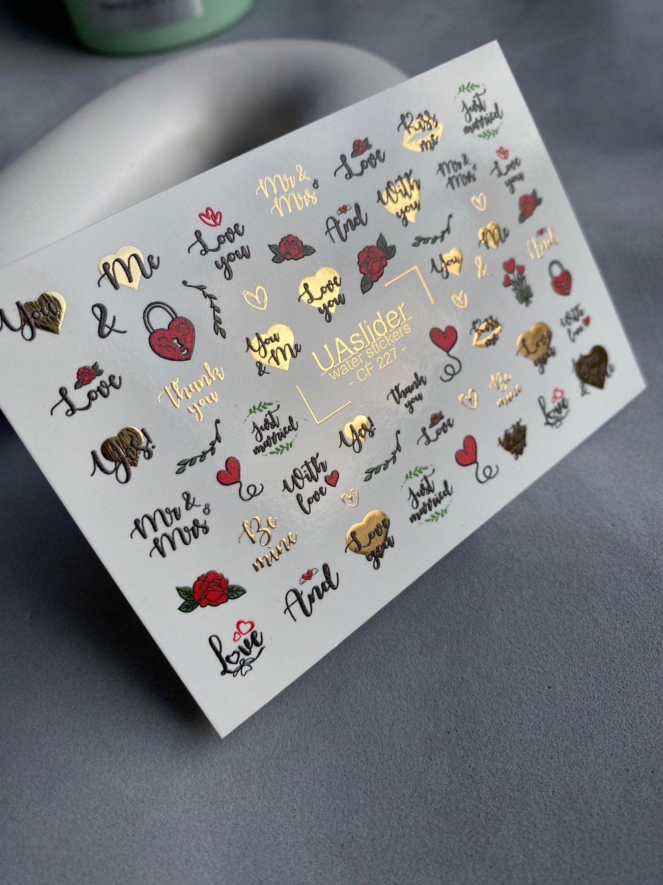 Nail Water Decal CF-227 | Romantic Water Slide Nail Decals | Love Quotes, Roses & Gold Hearts - UASLIDER