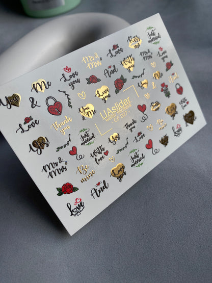 Naklejka na paznokcie CF-227 | Romantyczne naklejki wodne na paznokcie | Cytaty o miłości, róże i złote serca