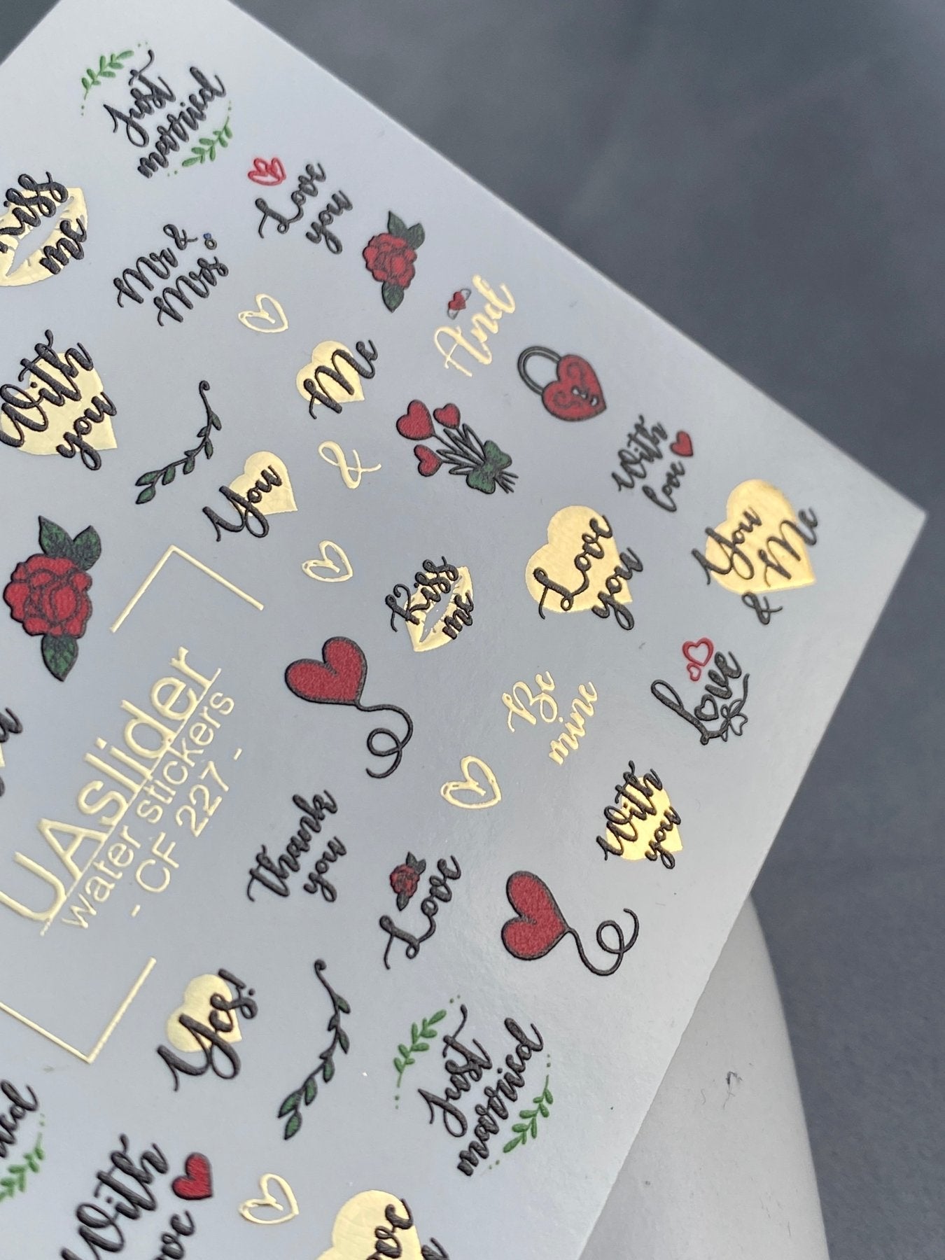 Nail Water Decal CF-227 | Romantic Water Slide Nail Decals | Love Quotes, Roses & Gold Hearts - UASLIDER