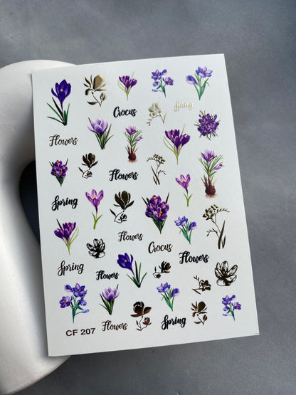 ملصق مائي للأظافر CF-207 | ملصقات مائية للأظافر | زهور كروكس بنفسجية مع لمسات من ورق الذهب