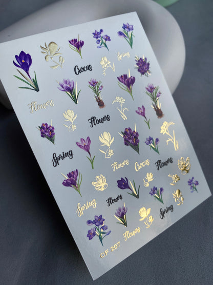 ملصق مائي للأظافر CF-207 | ملصقات مائية للأظافر | زهور كروكس بنفسجية مع لمسات من ورق الذهب