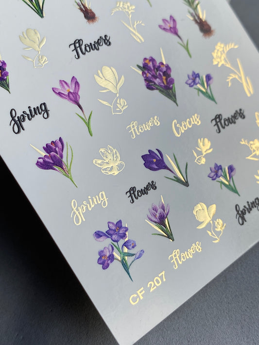 Nail Water Decal CF-207 | Nail Water Decals | Purple Crocus Flowers with Gold Foil Accents