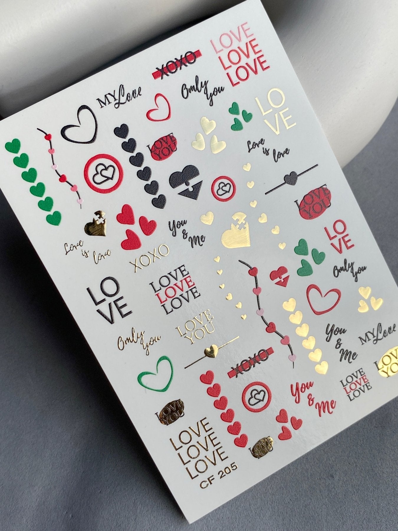 Nail Water Decal CF-205 | Nail Water Decals | Love Phrases & Hearts with Gold Accents - UASLIDER