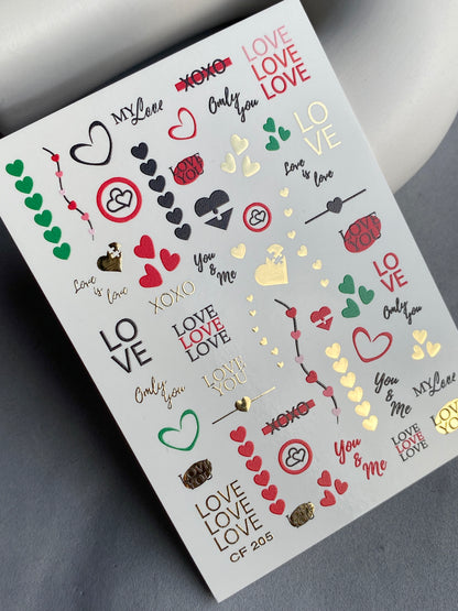 Nail Water Decal CF-205 | Nail Water Decals | Love Phrases & Hearts with Gold Accents