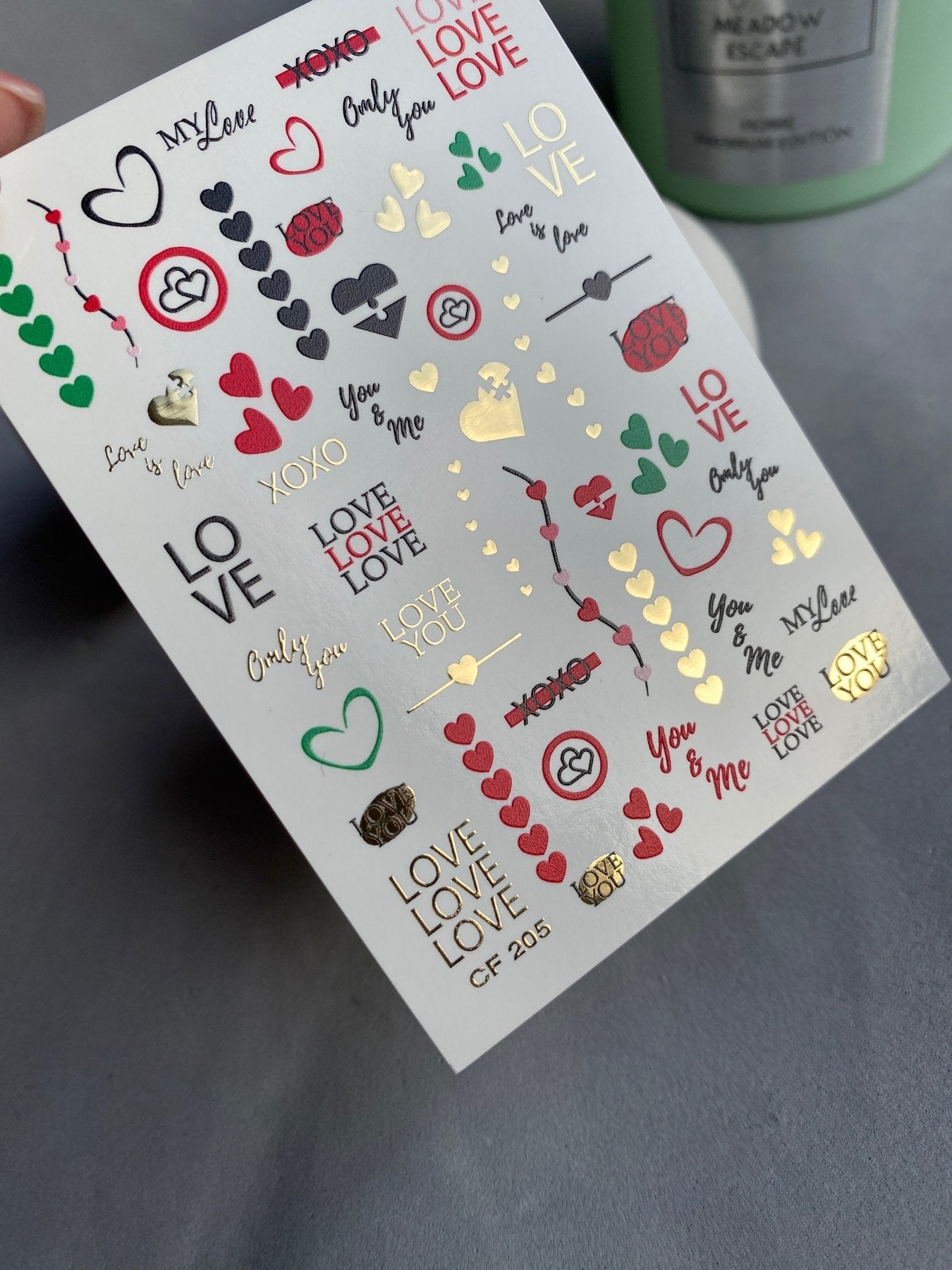 Nail Water Decal CF-205 | Nail Water Decals | Love Phrases & Hearts with Gold Accents - UASLIDER