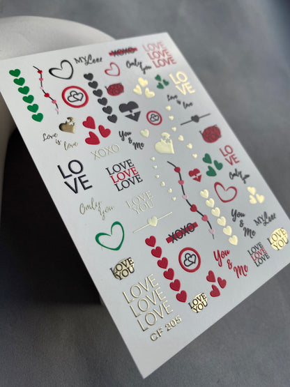 Nail Water Decal CF-205 | Nail Water Decals | Love Phrases & Hearts with Gold Accents