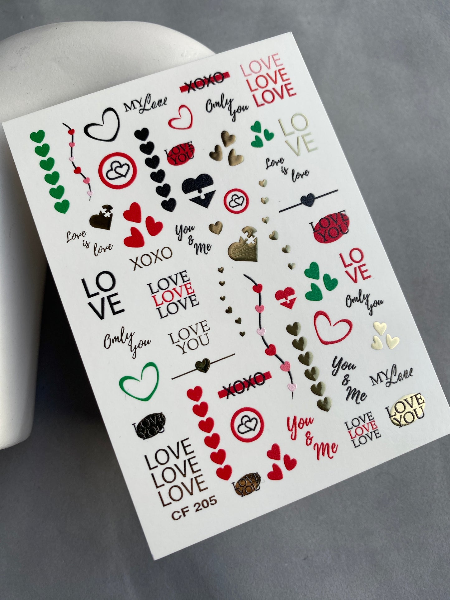 Nail Water Decal CF-205 | Nail Water Decals | Love Phrases & Hearts with Gold Accents