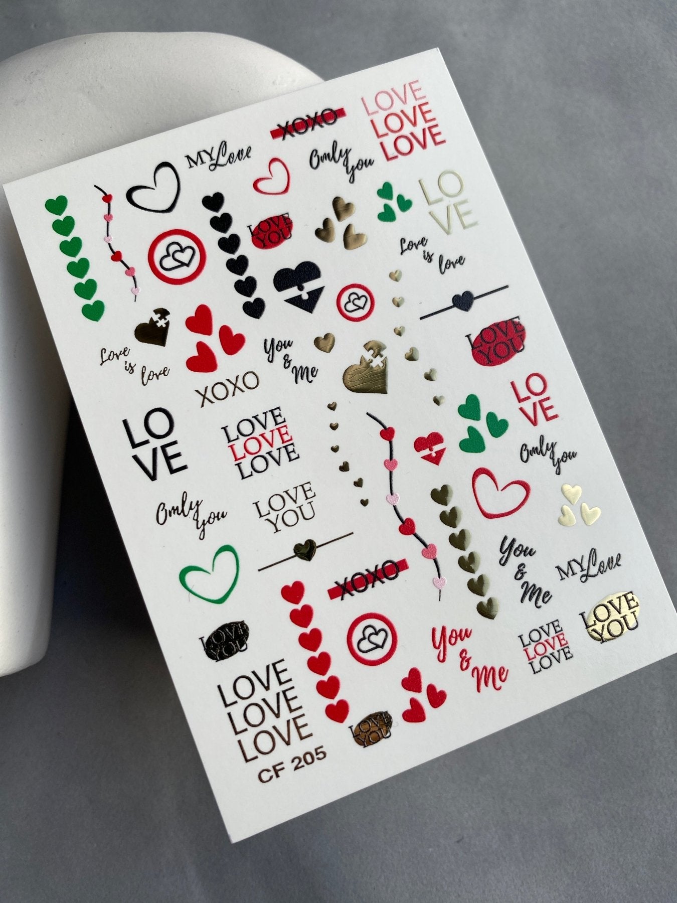 Nail Water Decal CF-205 | Nail Water Decals | Love Phrases & Hearts with Gold Accents - UASLIDER