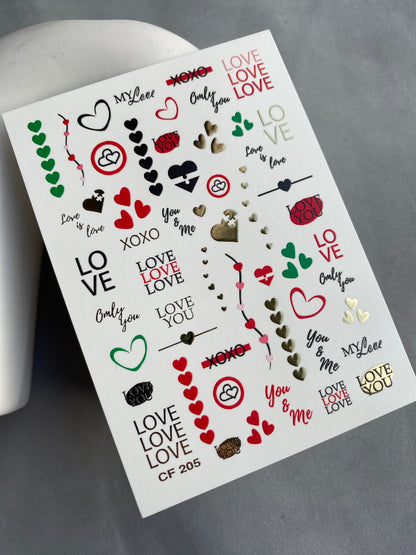 Nail Water Decal CF-205 | Nail Water Decals | Love Phrases & Hearts with Gold Accents