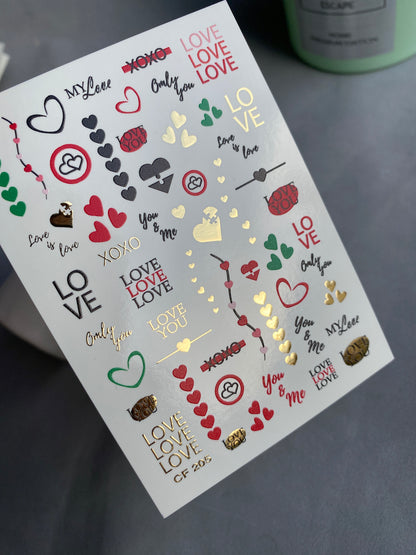 Nail Water Decal CF-205 | Nail Water Decals | Love Phrases & Hearts with Gold Accents
