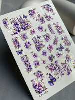 Nail Water Decal CF-184 | Nail Water Decals | Purple Flowers & Butterflies with Gold Accents - UASLIDER