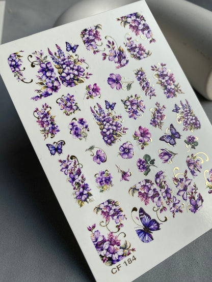 Nail Water Decal CF-184 | Nail Water Decals | Purple Flowers & Butterflies with Gold Accents