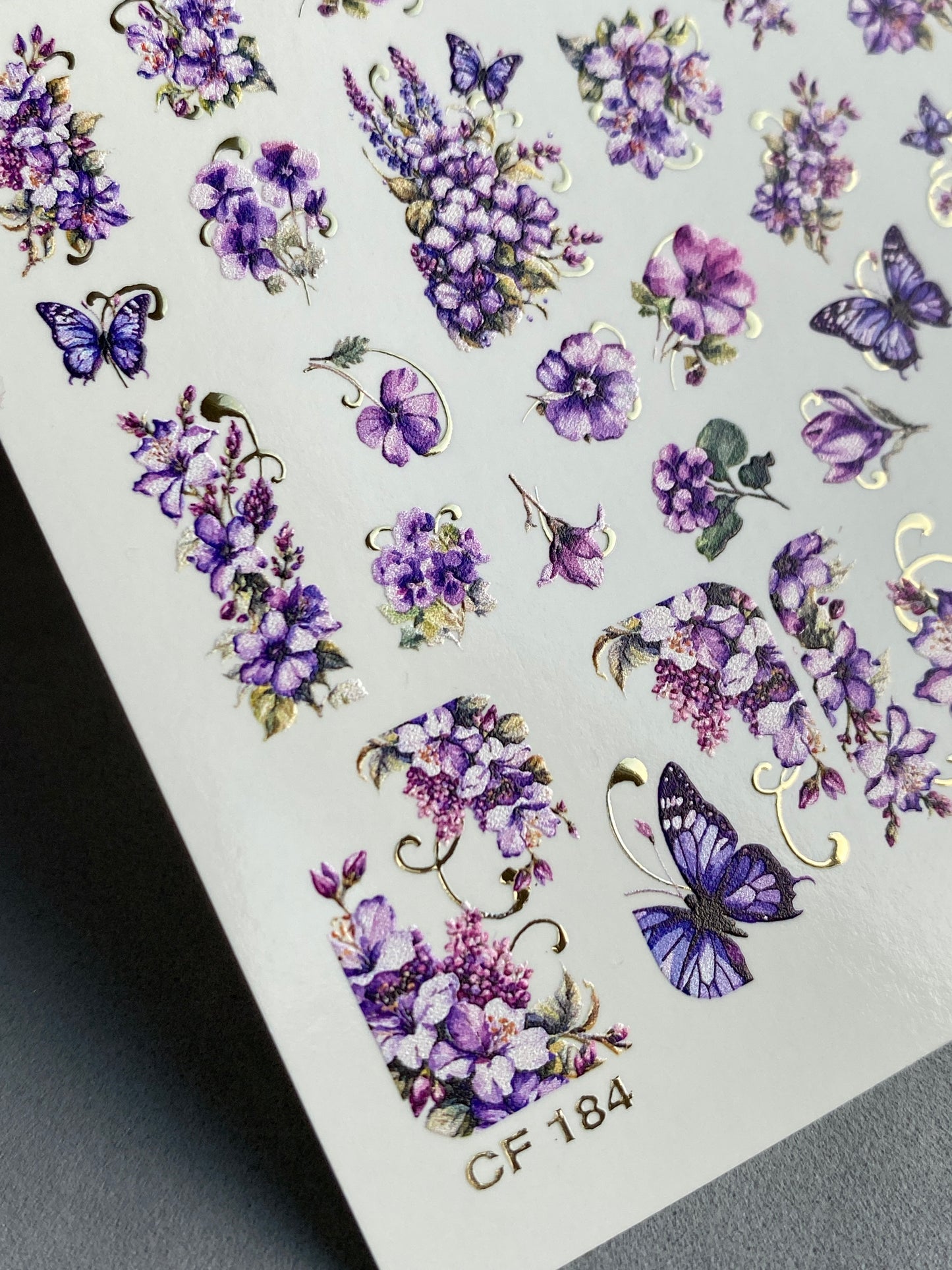 Nail Water Decal CF-184 | Nail Water Decals | Purple Flowers & Butterflies with Gold Accents