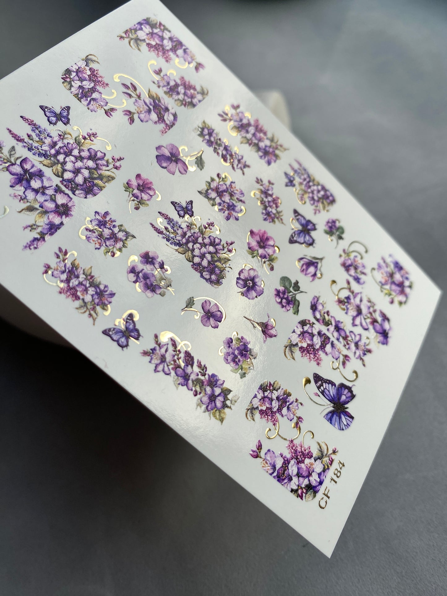 Nail Water Decal CF-184 | Nail Water Decals | Purple Flowers & Butterflies with Gold Accents