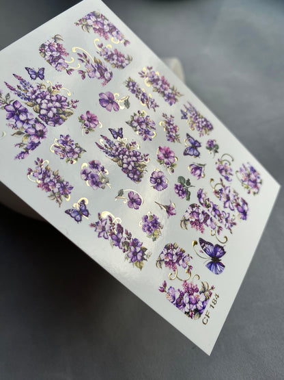 Nail Water Decal CF-184 | Nail Water Decals | Purple Flowers & Butterflies with Gold Accents